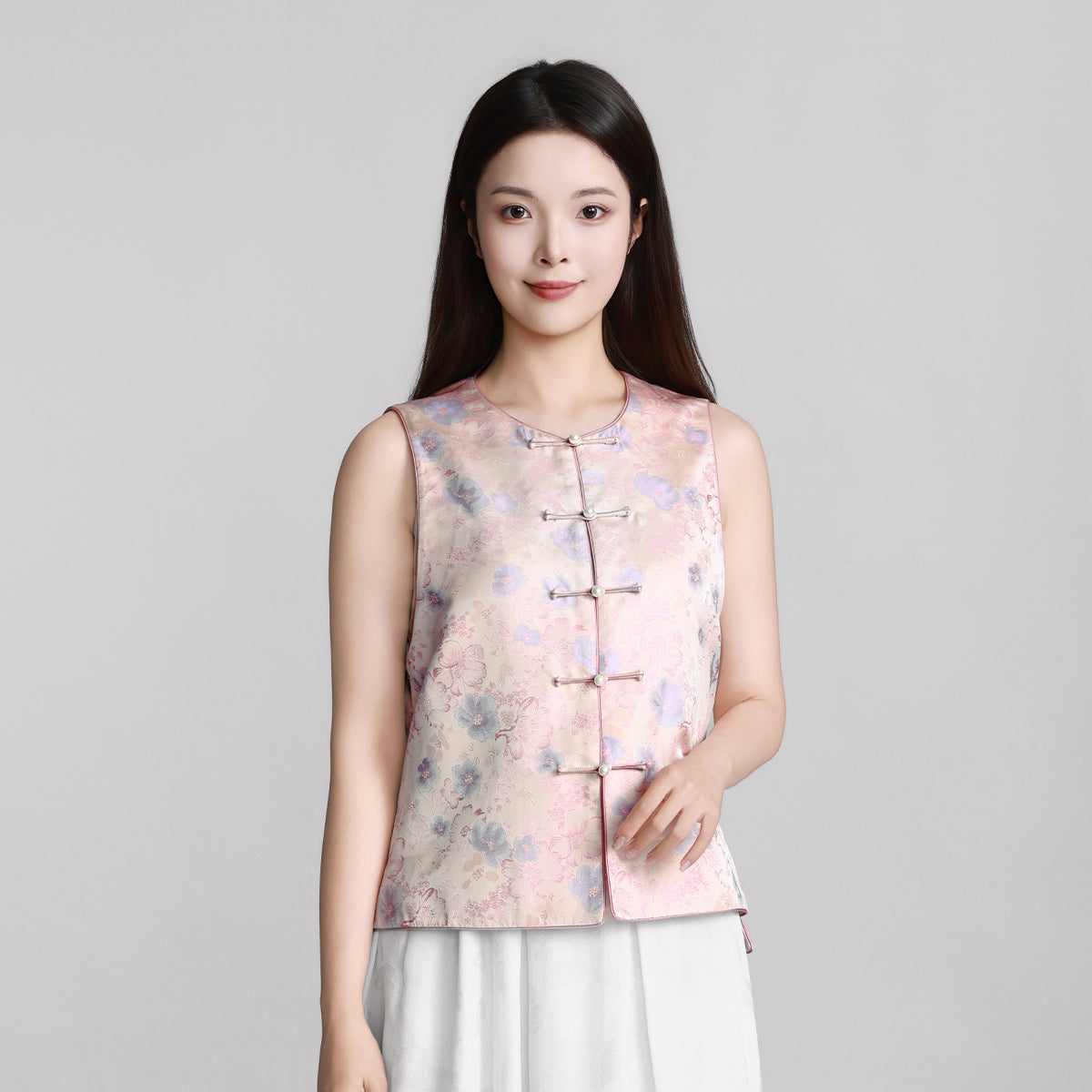 Spring in Full Bloom (Milky Apricot Color) Round-neck Front-opening Vest (Horizontal Toggle Fasteners))