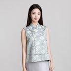Gray-Based Butterfly Camellia Stand-up Pipa- Style Collar Vest