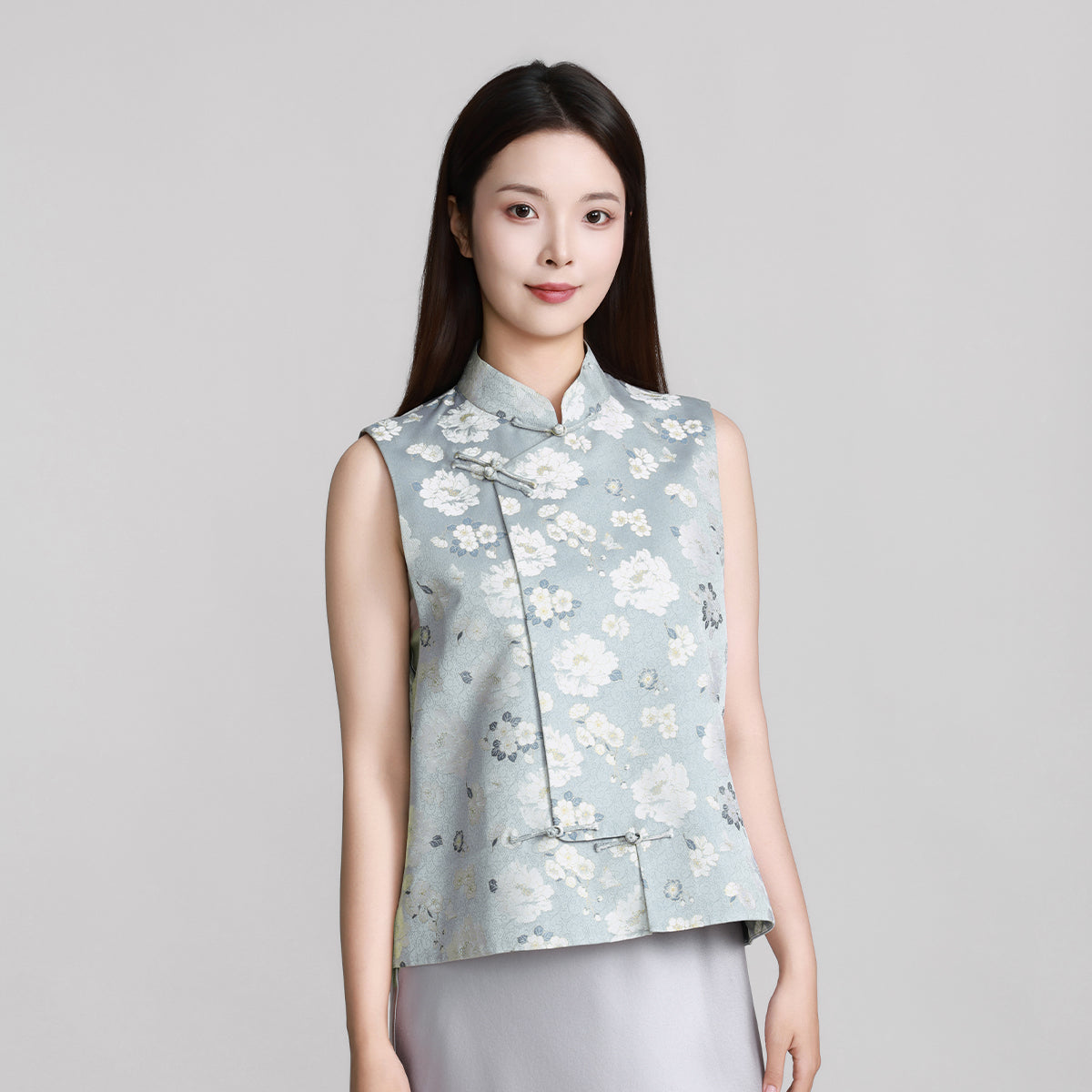 Gray-Based Butterfly Camellia Stand-up Pipa- Style Collar Vest