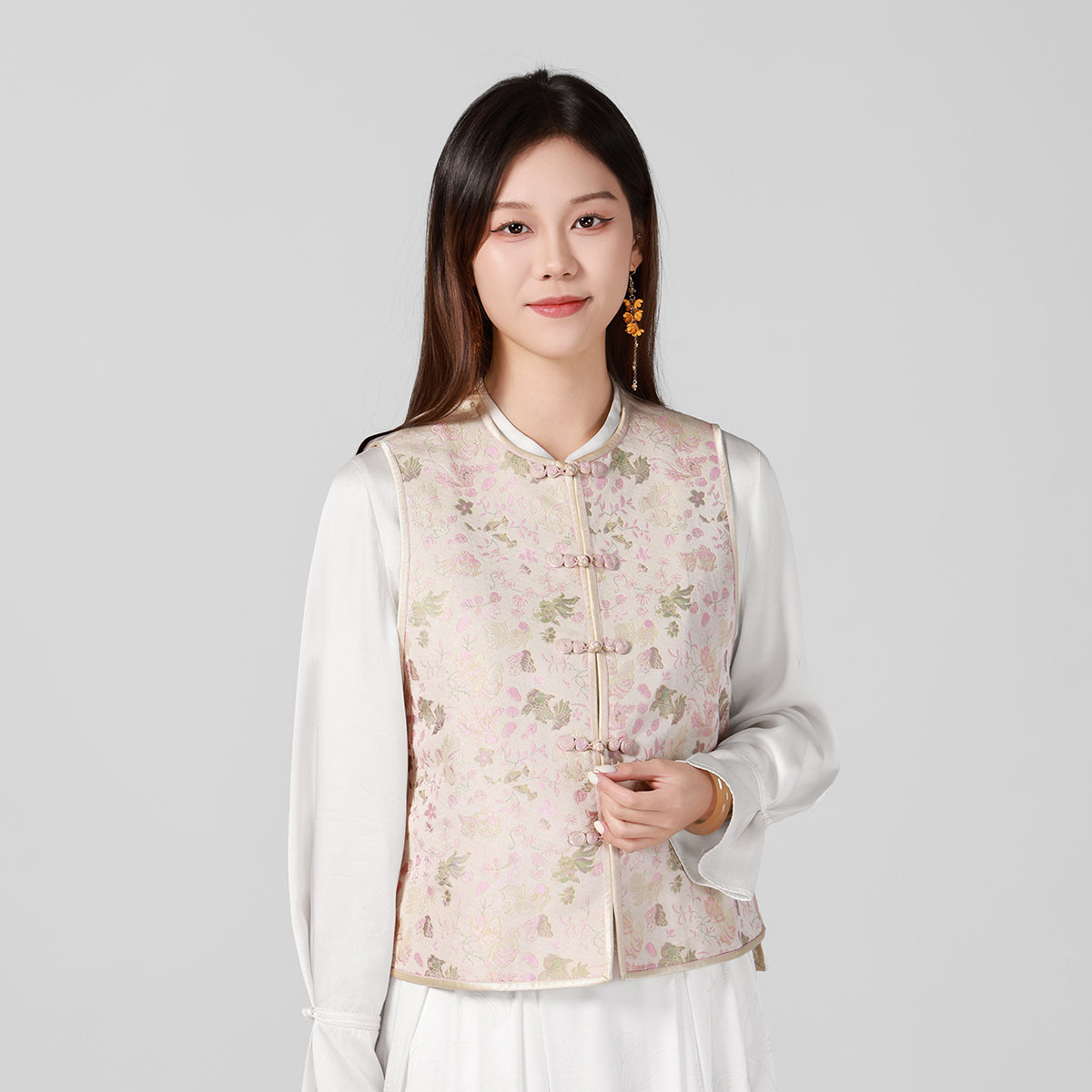 Pink Seaweed and Goldfish Front-opening Vest (Gourd-Shaped Buttons)