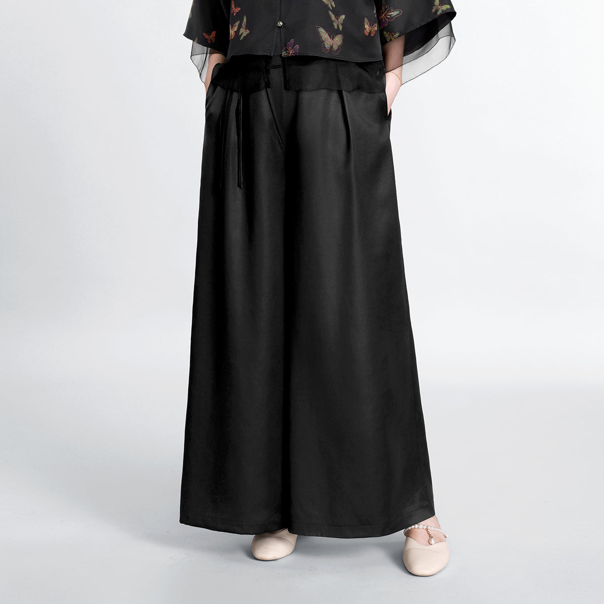 Xiangyunsha Silk Tassel Wide-Leg Trousers - Original Color Plain Crepe Satin