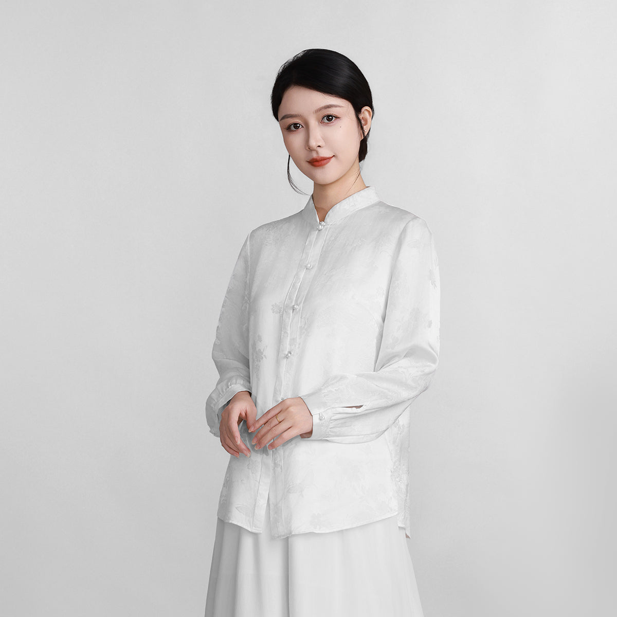 Camellia and Butterfly Jacquard Satin Shirt
