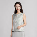 Front-Opening Song Brocade Silk Vest - Wind and Polygonatum Odoratum (Green)