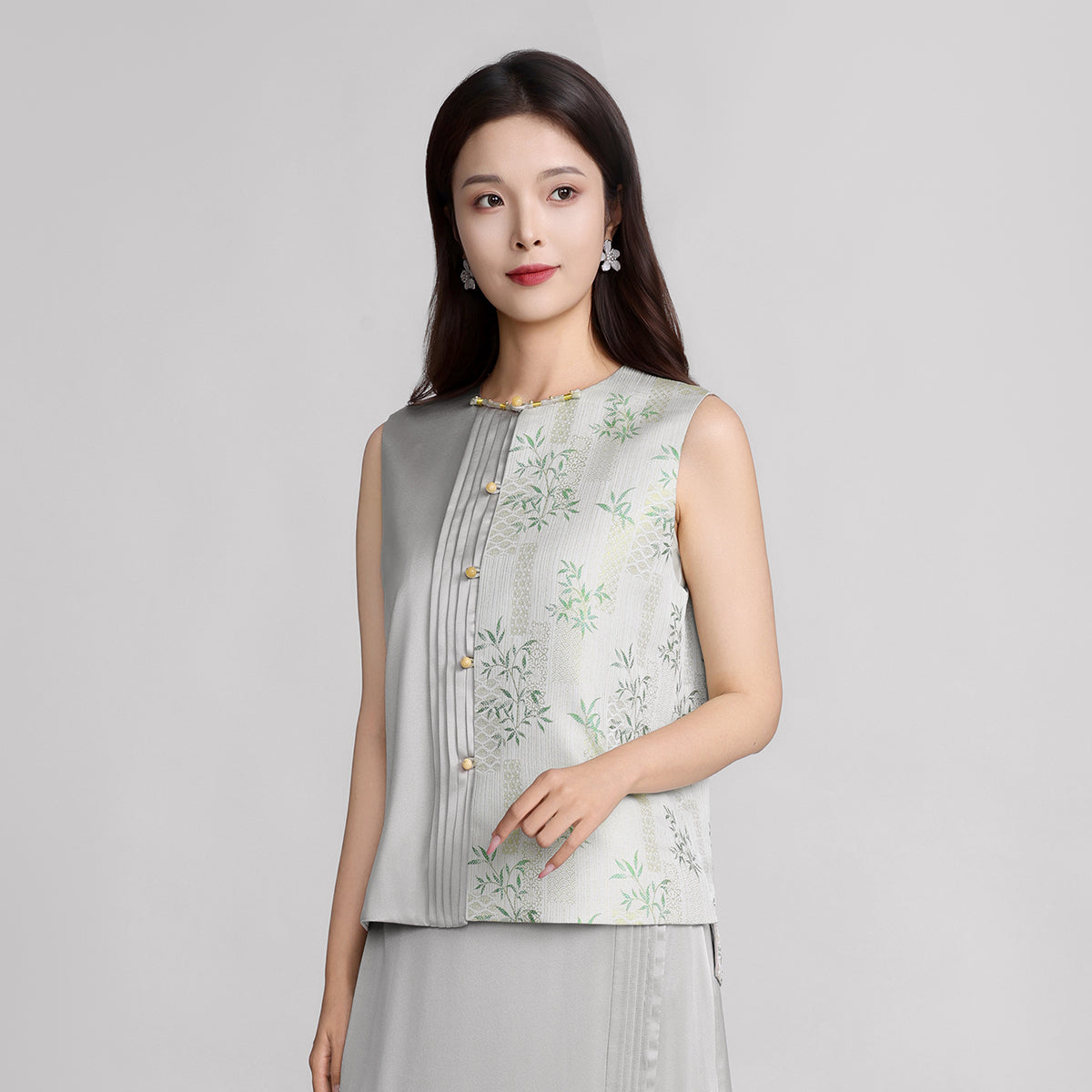 Front-Opening Song Brocade Silk Vest - Wind and Polygonatum Odoratum (Green)