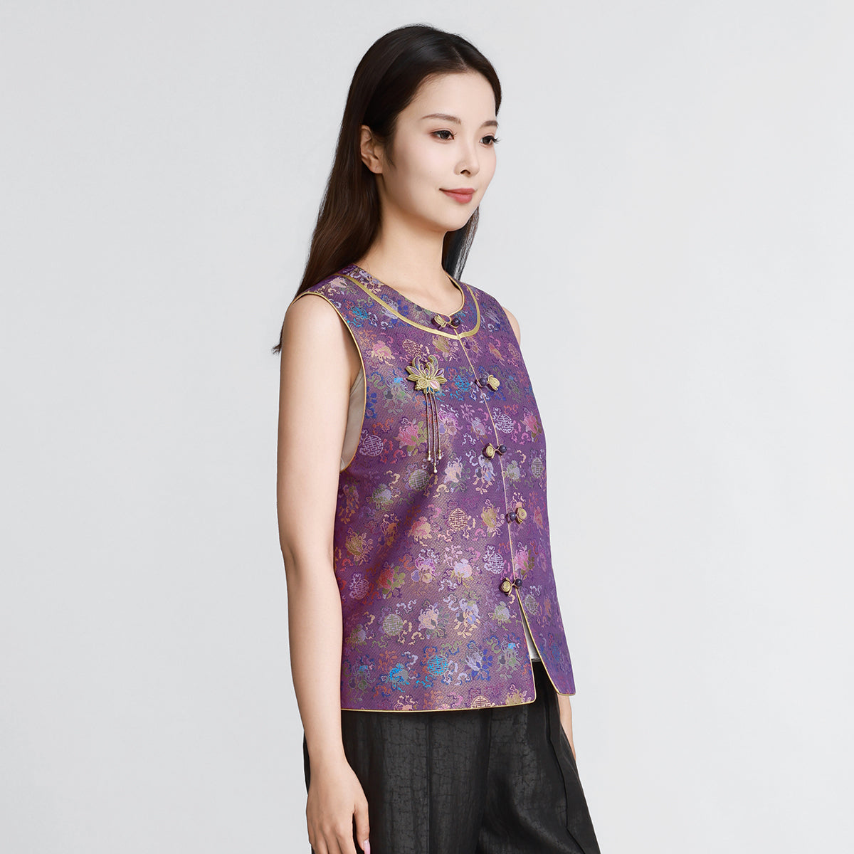 Purple Gold Song Brocade Vest - Ancient Coins & the Three Abundances