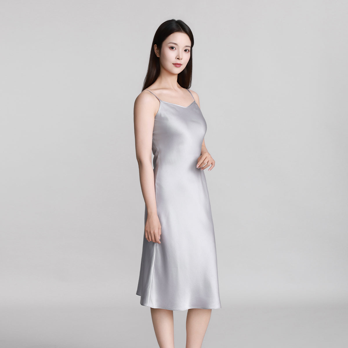 Silver Gray Silk Crepe Satin Cami Dress