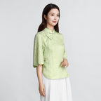 Women's Green Silk Luo Wide-Sleeve Top with Vines and Floral Shadows
