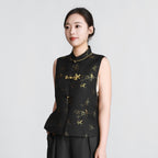 Bamboo and Swallows in Spring Sunshine (Black) Front-opening Vest