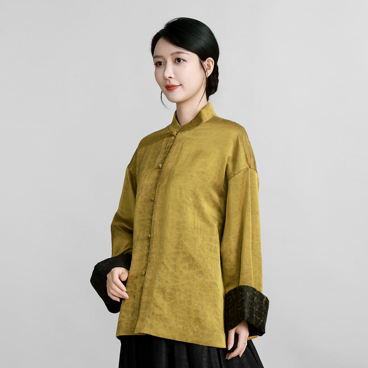 Reversible Gold-Satin Xiangyunsha Silk Straight-Front Top