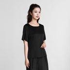 Black Silk Heavy Satin Short-Sleeve Top