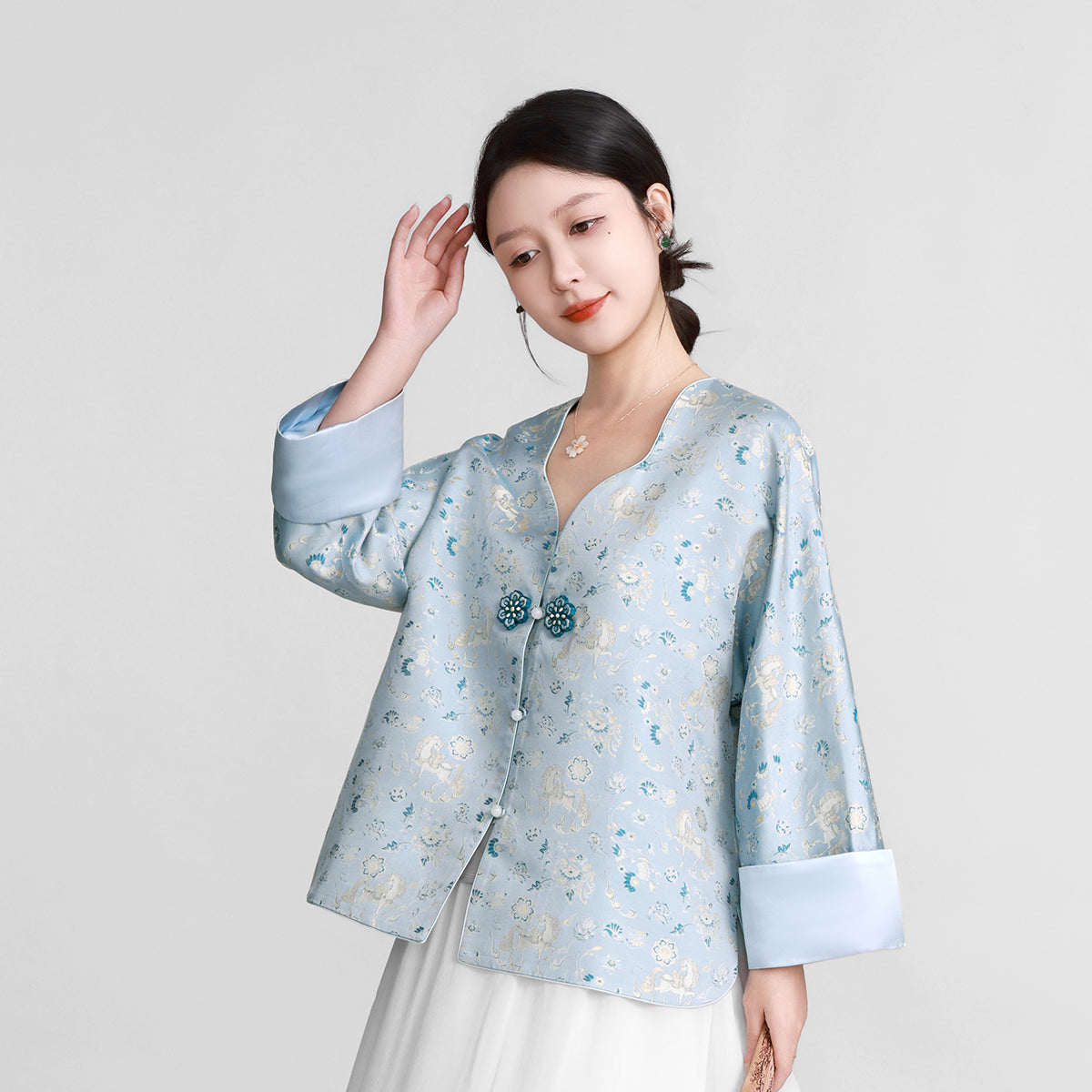 Song Brocade Silk Top - Auspicious Steeds & Flourishing Blossoms