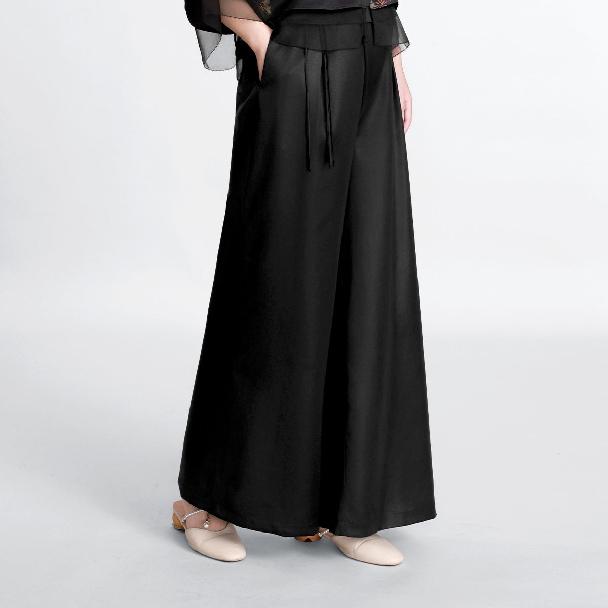 Xiangyunsha Silk Tassel Wide-Leg Trousers - Original Color Plain Crepe Satin